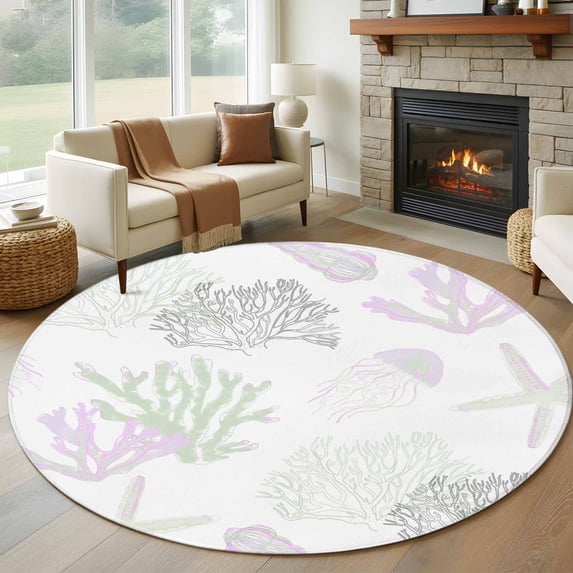 Round Rugs 7Ft, Sage Green Purple Coral Coastal Round Area Rug Washable Indoor Throw Carpet, Nautical Starfish Beach Large Non Slip Circle Rug for Dining Room Playroom Home Decor Aesthetic