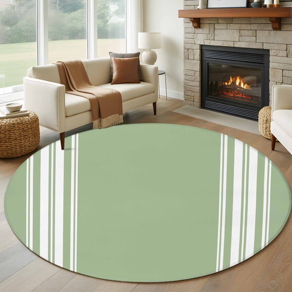 Round Rugs 7Ft, Sage Green Round Area Rug Washable Indoor Throw Carpet, Farmhouse Sage Green White Striped Large Non Slip Circle Rug for Dining Room Playroom Home Decor Aesthetic