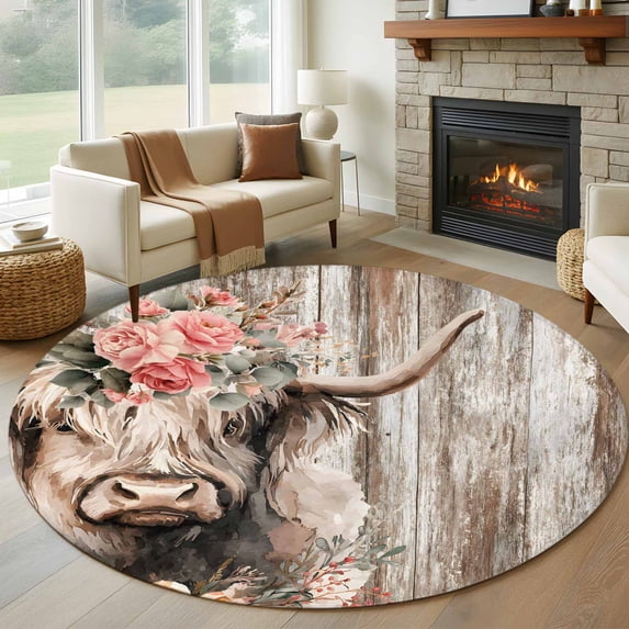 Round Rugs 7Ft, Spring Cow Floral Round Area Rug Washable Indoor Throw Carpet, Vintage Brown Wooden Farmhouse Large Non Slip Circle Rug for Dining Room Playroom Home Decor Aesthetic