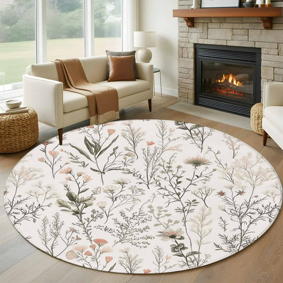 Round Rugs 7Ft, Spring Floral Round Area Rug Washable Indoor Throw Carpet, Vintage Botanical Watercolor Elegant Large Non Slip Circle Rug for Dining Room Playroom Home Decor Aesthetic