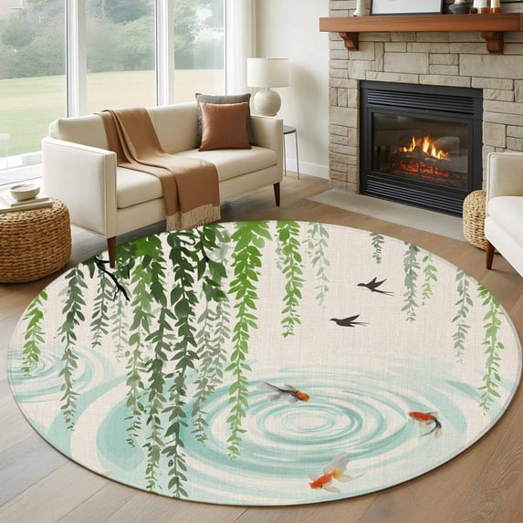 Round Rugs 7Ft, Spring Green Leaves Round Area Rug Washable Indoor Throw Carpet, Japanese Koi Fish Birds Vintage Large Non Slip Circle Rug for Dining Room Playroom Home Decor Aesthetic