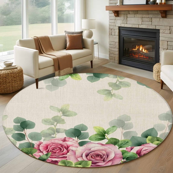 Round Rugs 7Ft, Spring Pink Roses Round Area Rug Washable Indoor Throw Carpet, Pastoral Eucalyptus Leaves Rustic Burlap Large Non Slip Circle Rug for Dining Room Playroom Home Decor Aesthetic