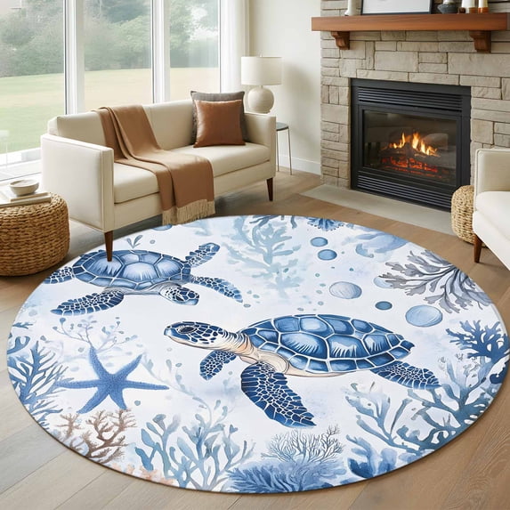 Round Rugs 7Ft, Summer Beach Coastal Round Area Rug Washable Indoor Throw Carpet, Sea Turtle Coral Nautical Large Non Slip Circle Rug for Dining Room Playroom Home Decor Aesthetic