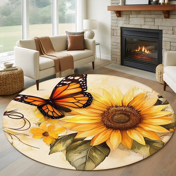 Round Rugs 7Ft, Sunflower Round Area Rug Washable Indoor Throw Carpet, Butterfly Spring Floral Retro Large Non Slip Circle Rug for Dining Room Playroom Home Decor Aesthetic