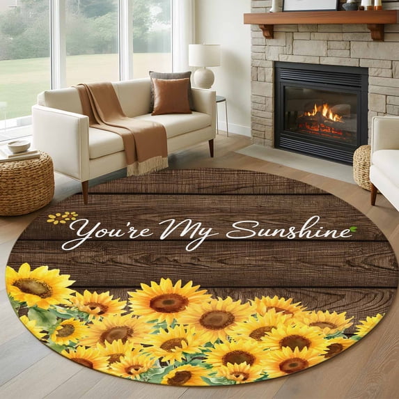 Round Rugs 7Ft, Sunflowers Round Area Rug Washable Indoor Throw Carpet, Wooden Yellow Summer Botanical Elegant Pastoral Large Non Slip Circle Rug for Dining Room Playroom Home Decor Aesthetic