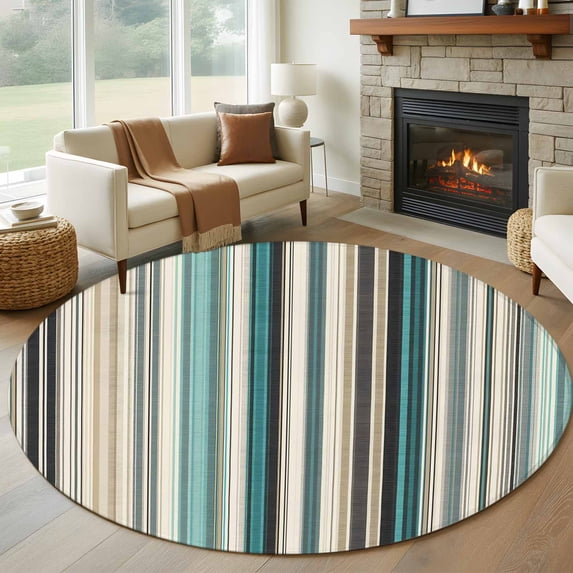 Round Rugs 7Ft, Teal Blue Striped Round Area Rug Washable Indoor Throw Carpet, Farmhouse Stripes Modern Abstract Art Large Non Slip Circle Rug for Dining Room Playroom Home Decor Aesthetic