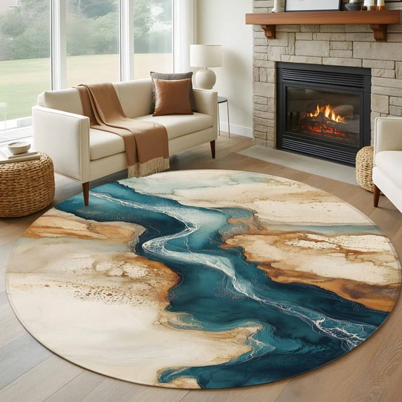 Round Rugs 7Ft, Teal Brown Round Area Rug Washable Indoor Throw Carpet, Contemporary Modern Abstract Art Large Non Slip Circle Rug for Dining Room Playroom Home Decor Aesthetic