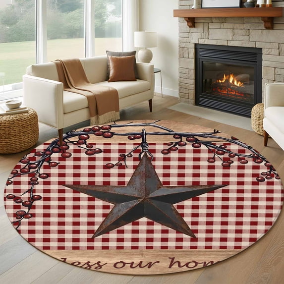 Round Rugs 7Ft, Texas Star Farmhouse Round Area Rug Washable Indoor Throw Carpet, Rustic Red Plaid Berry Wooden Large Non Slip Circle Rug for Dining Room Playroom Home Decor Aesthetic