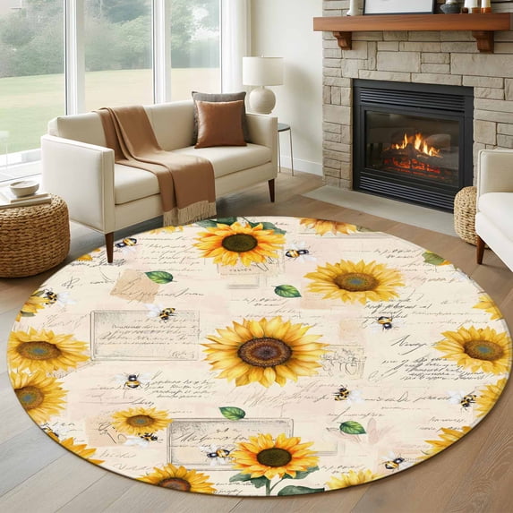Round Rugs 7Ft, Vintage Sunflowers Round Area Rug Washable Indoor Throw Carpet, Elegant Pastoral Watercolor Botanical Large Non Slip Circle Rug for Dining Room Playroom Home Decor Aesthetic