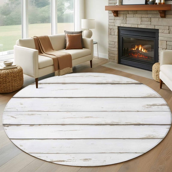 Round Rugs 7Ft, White Wood Grain Round Area Rug Washable Indoor Throw Carpet, Vintage Farmhouse Wooden Board Large Non Slip Circle Rug for Dining Room Playroom Home Decor Aesthetic