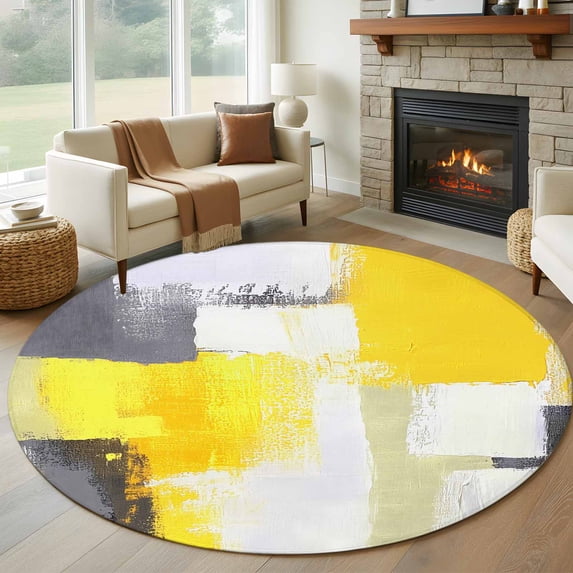 Round Rugs 7Ft, Yellow Grey Round Area Rug Washable Indoor Throw Carpet, Modern Abstract Art Geometric Oil Painted Large Non Slip Circle Rug for Dining Room Playroom Home Decor Aesthetic