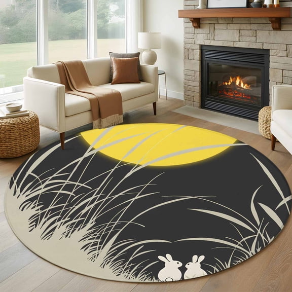 Round Rugs 7Ft, Yellow Moonlight Round Area Rug Washable Indoor Throw Carpet, Modern Rustic Rabbits Botanical Large Non Slip Circle Rug for Dining Room Playroom Home Decor Aesthetic