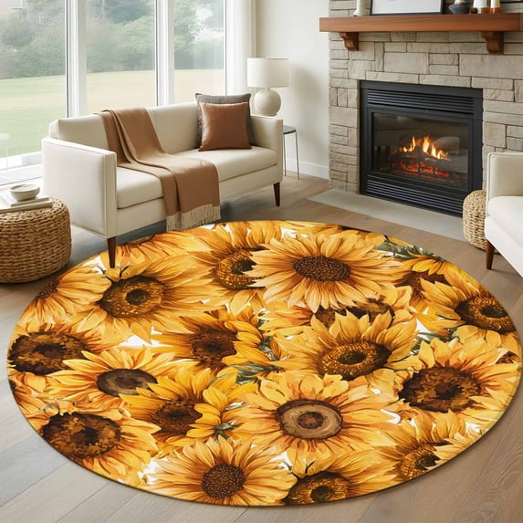 Round Rugs 7Ft, Yellow Sunflowers Round Area Rug Washable Indoor Throw Carpet, Watercolor Floral Flowers Vintage Large Non Slip Circle Rug for Dining Room Playroom Home Decor Aesthetic