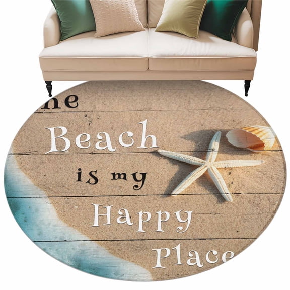 Round Rugs 8 Ft, Beige Blue Summer Beach Non Slip Area Rugs for Kitchen Bedroom Entryway, Coastal Starfish Nautical Ocean Washable Carpet Runner Rug Floor Mats for Bedroom Home Decor