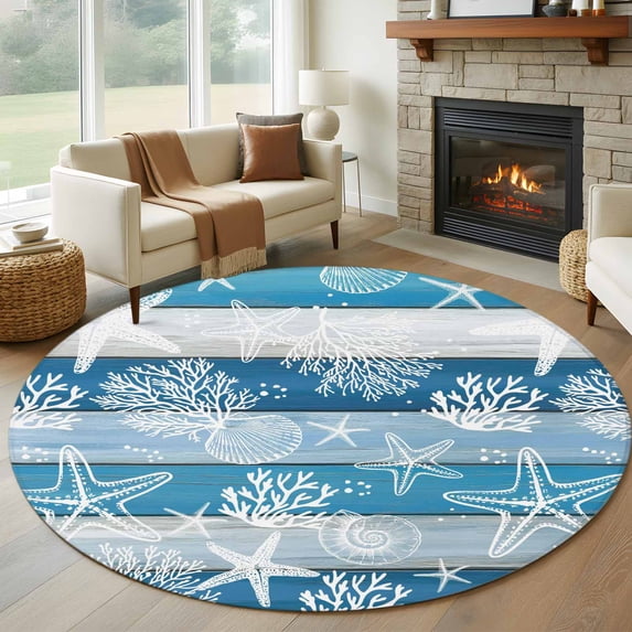 Round Rugs 8 Ft, Blue Coastal Beach Non Slip Area Rugs for Kitchen Bedroom Entryway, Nautical Starfish Coral Vintage Wooden Washable Carpet Runner Rug Floor Mats for Bedroom Home Decor