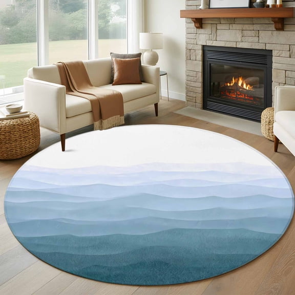 Round Rugs 8 Ft, Blue Coastal Wave Non Slip Area Rugs for Kitchen Bedroom Entryway, Summer Ocean Nautical Beach Ombre Washable Carpet Runner Rug Floor Mats for Bedroom Home Decor