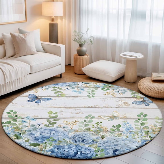Round Rugs 8 Ft, Blue Hydrangea Non Slip Area Rugs for Kitchen Bedroom Entryway, Spring Summer Eucalyptus Wooden Washable Carpet Runner Rug Floor Mats for Bedroom Home Decor