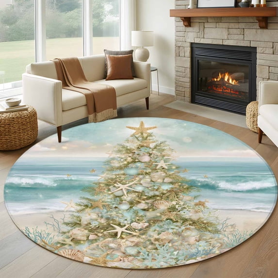 Round Rugs 8 Ft, Coastal Beach Non Slip Area Rugs for Kitchen Bedroom Entryway, Summer Ocean Wave Starfish Coral Trees Washable Carpet Runner Rug Floor Mats for Bedroom Home Decor