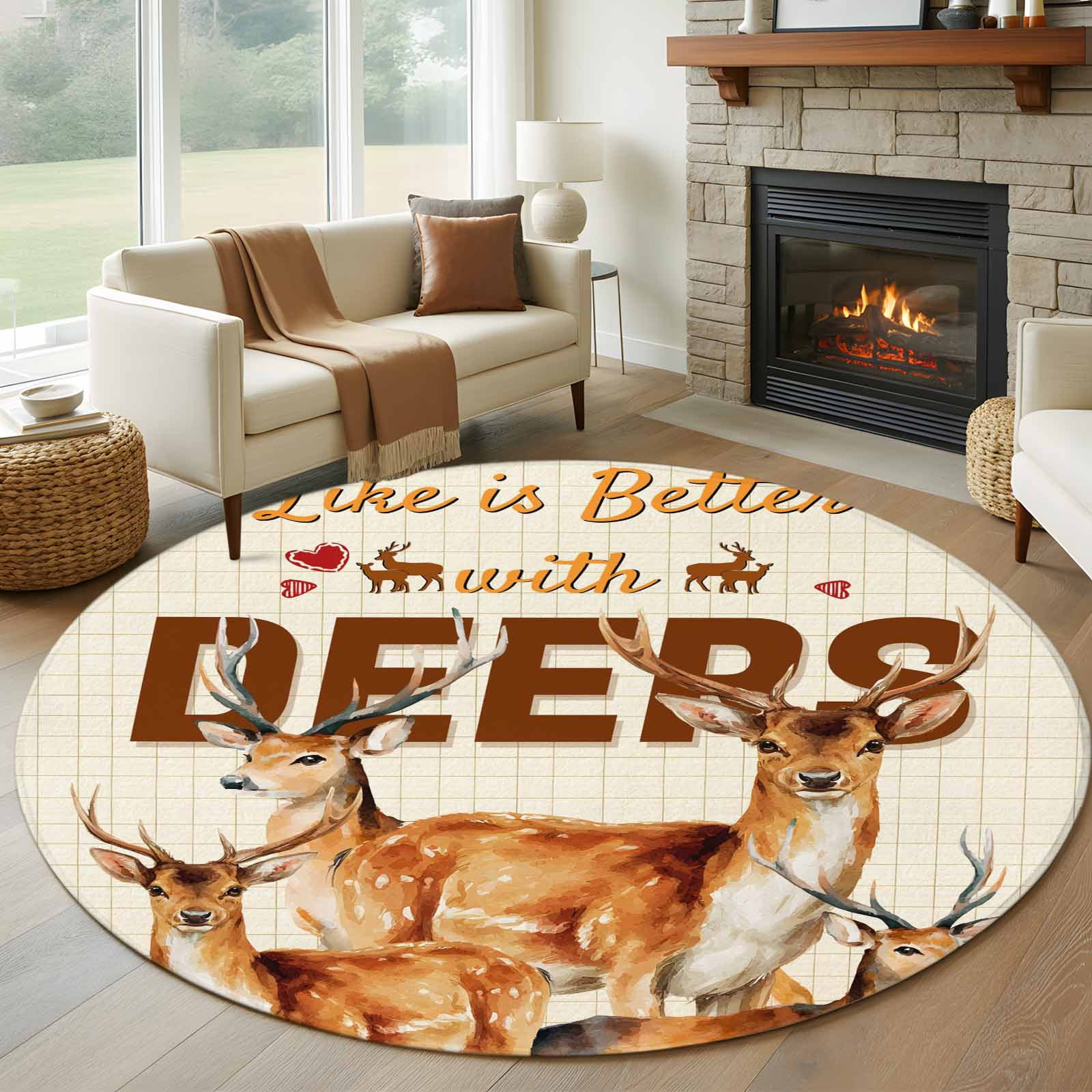 Round Rugs 8 Ft, Deer Non Slip Area Rugs for Kitchen Bedroom Entryway ...