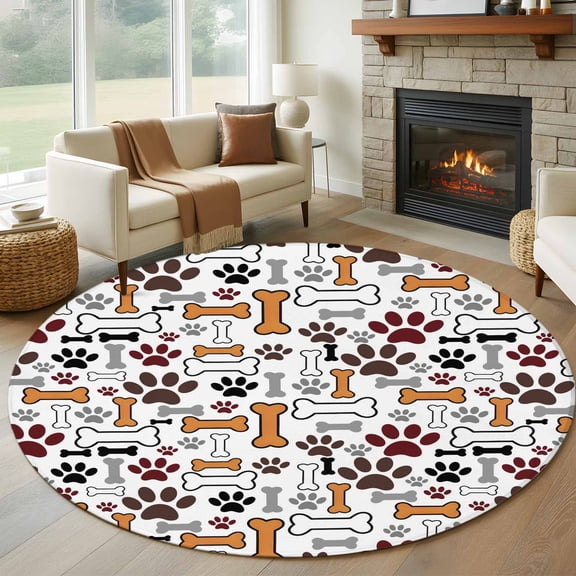 Round Rugs 8 Ft, Dog Claws Non Slip Area Rugs for Kitchen Bedroom Entryway, Pet Cat Cartoon Cute Animal Bone Pawprints Washable Carpet Runner Rug Floor Mats for Bedroom Home Decor