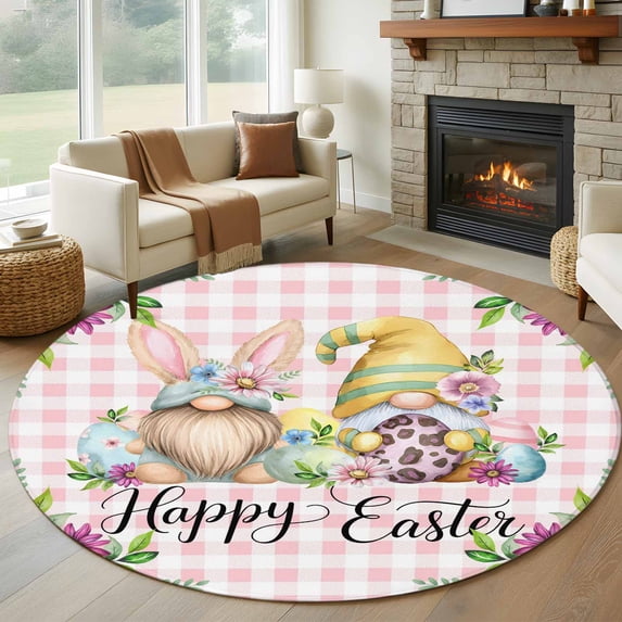 Round Rugs 8 Ft, Easter Gnomes Non Slip Area Rugs for Kitchen Bedroom Entryway, Watercolor Floral Daisy Eggs Spring Pink Plaid Washable Carpet Runner Rug Floor Mats for Bedroom Home Decor