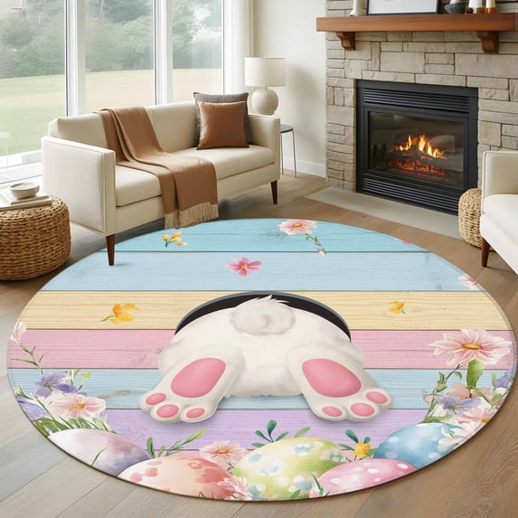 Round Rugs 8 Ft, Easter Non Slip Area Rugs for Kitchen Bedroom Entryway, Colorful Wooden Grain Easter Bunny Eggs Farmhouse Flower Washable Carpet Runner Rug Floor Mats for Bedroom Home Decor