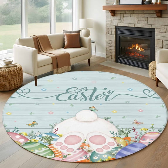 Round Rugs 8 Ft, Easter Non Slip Area Rugs for Kitchen Bedroom Entryway, Country Bunny Feet Eggs Floral Green Wooden Plank Washable Carpet Runner Rug Floor Mats for Bedroom Home Decor