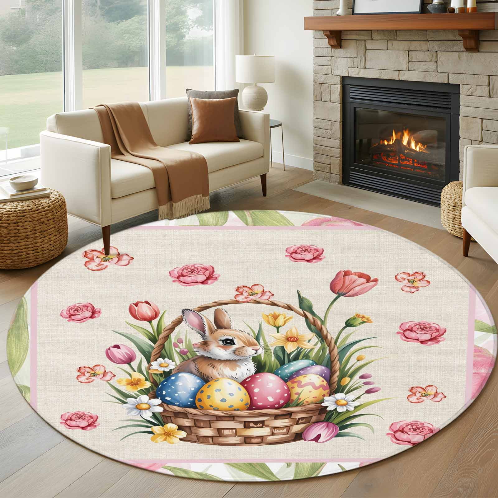 Easter Colors Rag Rug Round Rugs 8 Ft, Easter Non Slip Area Rugs for Kitchen Bedroom Entryway ...