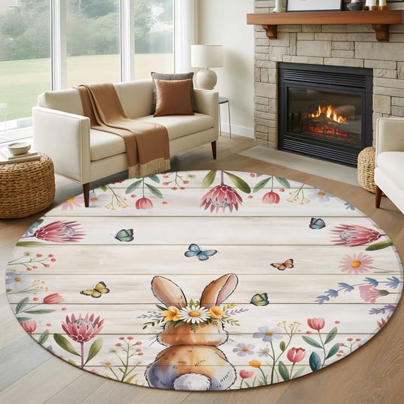 Round Rugs 8 Ft, Easter Non Slip Area Rugs for Kitchen Bedroom Entryway, Spring Bunny Butterfly Botanical Wooden Grain Washable Carpet Runner Rug Floor Mats for Bedroom Home Decor