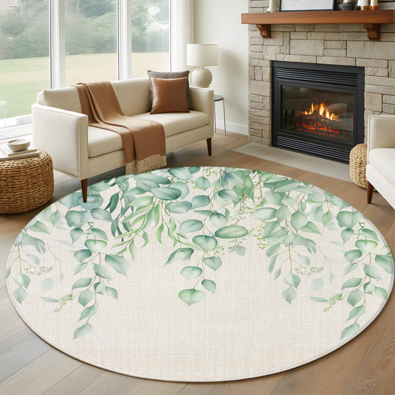 Round Rugs 8 Ft, Eucalyptus Leaves Non Slip Area Rugs for Kitchen ...