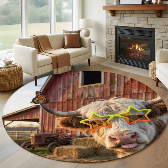 Round Rugs 8 Ft, Farm Yaks Non Slip Area Rugs for Kitchen Bedroom Entryway, Farmhouse Barn Funny Animals Butterfly Washable Carpet Runner Rug Floor Mats for Bedroom Home Decor