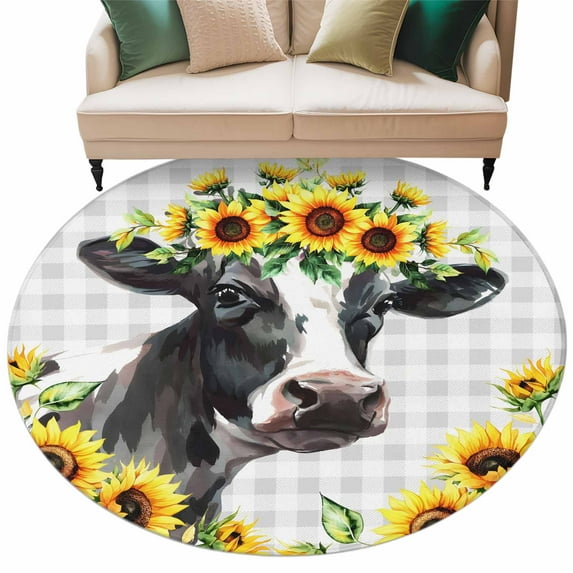 Round Rugs 8 Ft, Farmhouse Cow Non Slip Area Rugs for Kitchen Bedroom Entryway, Pastoral Sunflower Botanical Gray Plaid Washable Carpet Runner Rug Floor Mats for Bedroom Home Decor