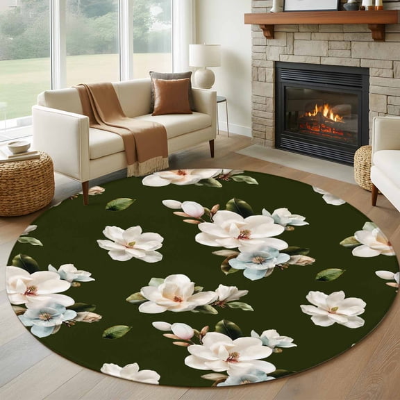 Round Rugs 8 Ft, Farmhouse Flowers Non Slip Area Rugs for Kitchen Bedroom Entryway, Modern Abstract Country Chic Floral Leaf Washable Carpet Runner Rug Floor Mats for Bedroom Home Decor