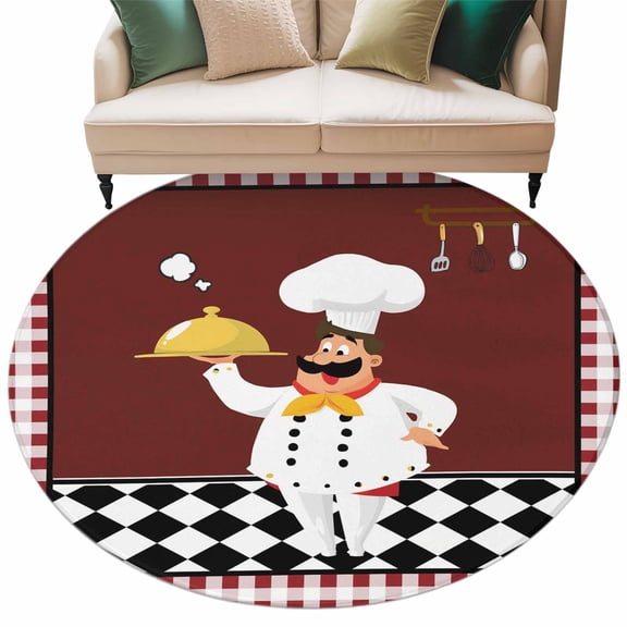 Round Rugs 8 Ft, Fat Chef Non Slip Area Rugs for Kitchen Bedroom Entryway, Red Gourmet Kitchen Red Black Buffalo Plaid Washable Carpet Runner Rug Floor Mats for Bedroom Home Decor