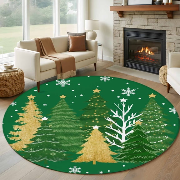 Round Rugs 8 Ft, Green Christmas Tree Non Slip Area Rugs for Kitchen Bedroom Entryway, Golden Xmas Tree Snowflake Winter Washable Carpet Runner Rug Floor Mats for Bedroom Home Decor