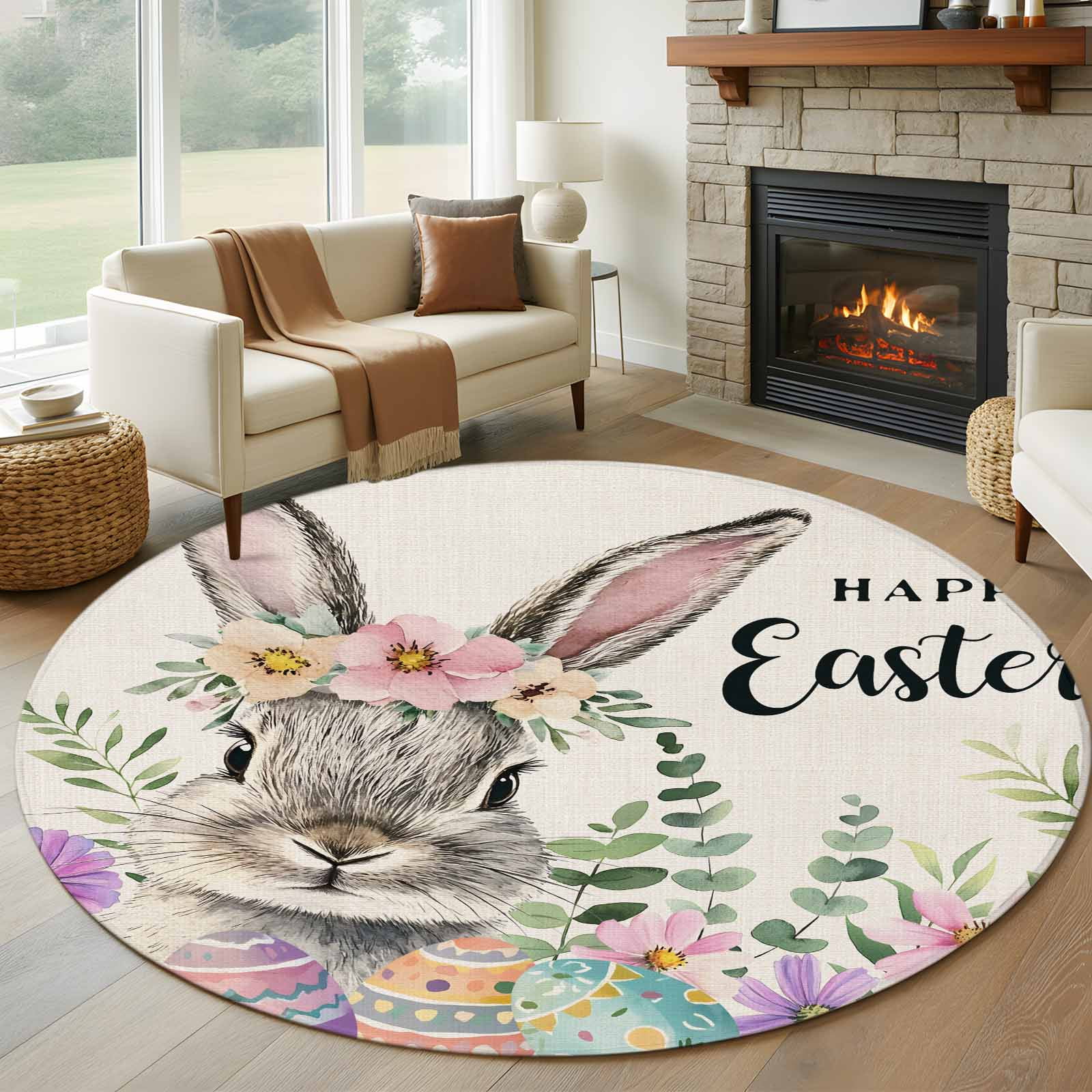 Round Rugs 8 Ft, Happy Easter Bunny Non Slip Area Rugs for Kitchen ...