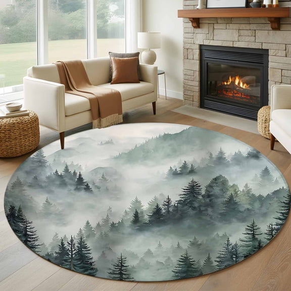 Round Rugs 8 Ft, Mountain Non Slip Area Rugs for Kitchen Bedroom Entryway, Green Forest Pine Tree Washable Carpet Runner Rug Floor Mats for Bedroom Home Decor