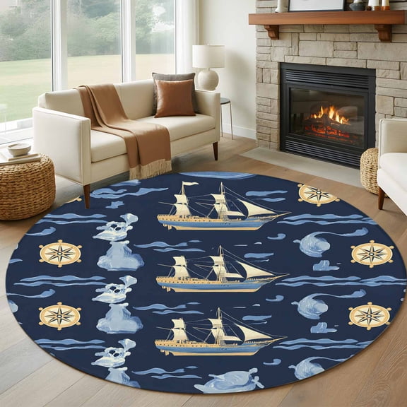 Round Rugs 8 Ft, Navy Blue Coastal Non Slip Area Rugs for Kitchen Bedroom Entryway, Nautical Modern Art Boat Compass Washable Carpet Runner Rug Floor Mats for Bedroom Home Decor