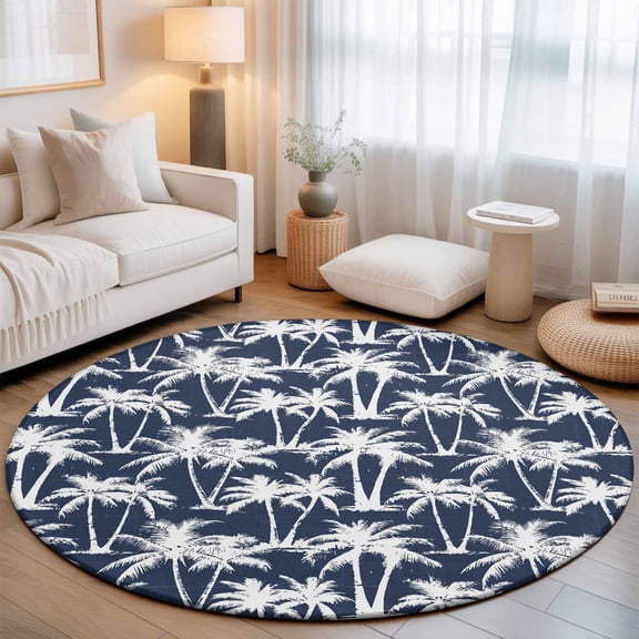 Round Rugs 8 Ft, Navy Blue Palm Tree Summer Non Slip Area Rugs for Kitchen Bedroom Entryway, Beach Tropical Coastal Washable Carpet Runner Rug Floor Mats for Bedroom Home Decor