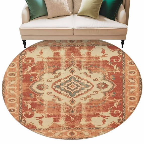 Round Rugs 8 Ft, Orange Boho Non Slip Area Rugs for Kitchen Bedroom Entryway, Geometric Antique Tribal Retro Ethnic Washable Carpet Runner Rug Floor Mats for Bedroom Home Decor
