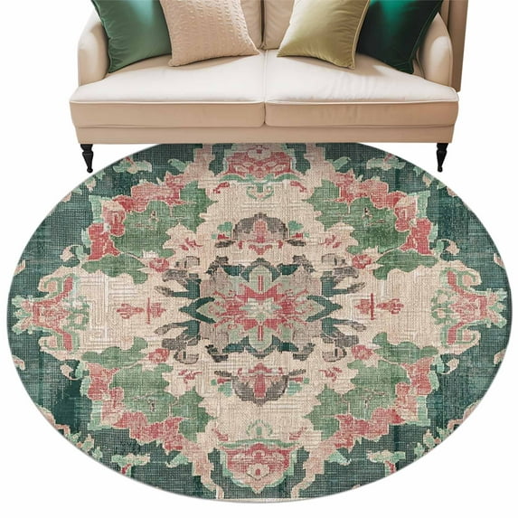Round Rugs 8 Ft, Pink Green Boho Non Slip Area Rugs for Kitchen Bedroom Entryway, Abstract Medieval Vintage Ethnic Floral Washable Carpet Runner Rug Floor Mats for Bedroom Home Decor