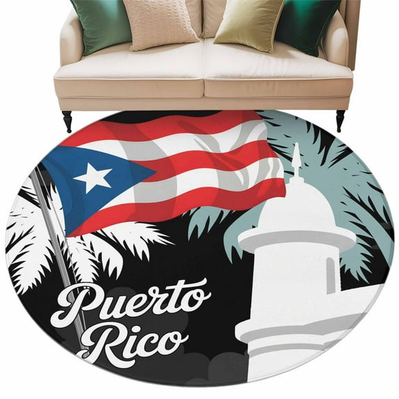 Round Rugs 8 Ft, Puerto Rico Flag Non Slip Area Rugs for Kitchen Bedroom Entryway, Modern Art Palm Tree American Flags Washable Carpet Runner Rug Floor Mats for Bedroom Home Decor