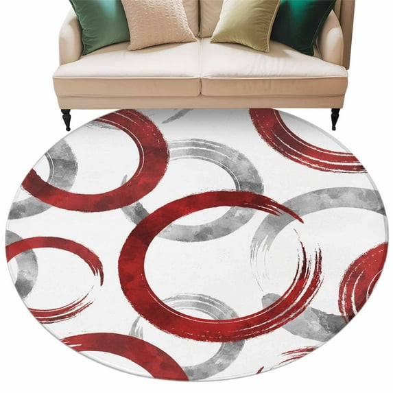 Round Rugs 8 Ft, Red Grey Non Slip Area Rugs for Kitchen Bedroom Entryway, Geometric Circle Modern Abstract Simple Art Washable Carpet Runner Rug Floor Mats for Bedroom Home Decor