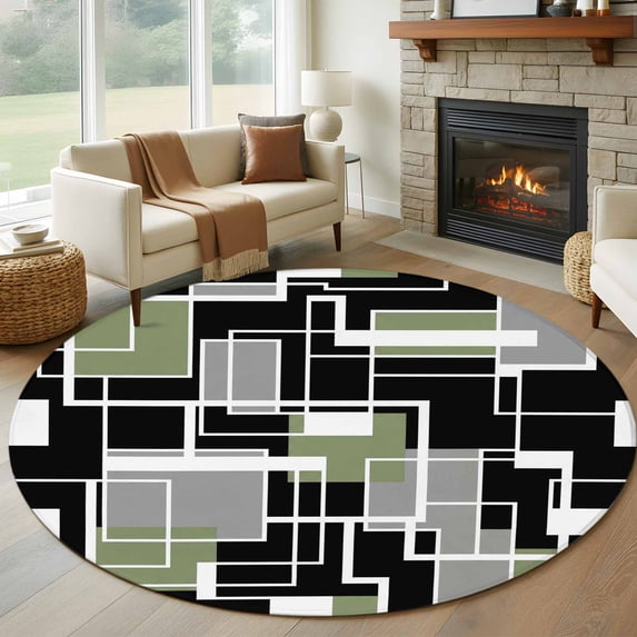 Round Rugs 8 Ft, Sage Green Black Geometric Non Slip Area Rugs for Kitchen Bedroom Entryway, Modern Abstract Art Block Washable Carpet Runner Rug Floor Mats for Bedroom Home Decor