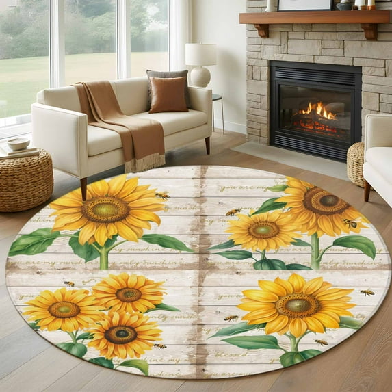 Round Rugs 8 Ft, Sunflower Non Slip Area Rugs for Kitchen Bedroom Entryway, Yellow Summer Botanical Vintage Washable Carpet Runner Rug Floor Mats for Bedroom Home Decor
