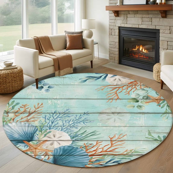 Round Rugs 8 Ft, Teal Beach Coastal Non Slip Area Rugs for Kitchen Bedroom Entryway, Summer Nautical Coral Shell Botanical Vintage Washable Carpet Runner Rug Floor Mats for Bedroom Home Decor