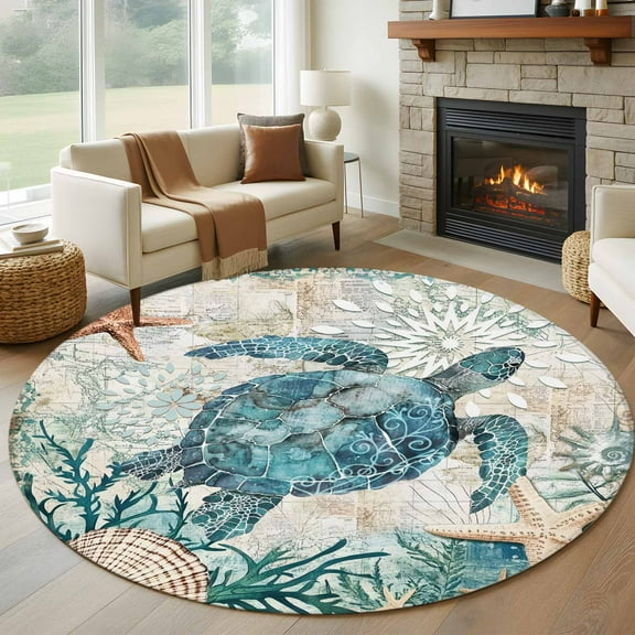 Round Rugs 8 Ft, Teal Sea Turtle Coastal Non Slip Area Rugs for Kitchen Bedroom Entryway, Summer Beach Starfish Nautical Washable Carpet Runner Rug Floor Mats for Bedroom Home Decor