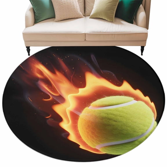 Round Rugs 8 Ft, Tennis Non Slip Area Rugs for Kitchen Bedroom Entryway, Modern Sport Glowing Ball Black Background Washable Carpet Runner Rug Floor Mats for Bedroom Home Decor
