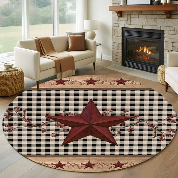 Round Rugs 8 Ft, Texas Stars Red Non Slip Area Rugs for Kitchen Bedroom Entryway, Vintage Washable Carpet Runner Rug Floor Mats for Bedroom Home Decor Berry Retro Art Black White Plaid