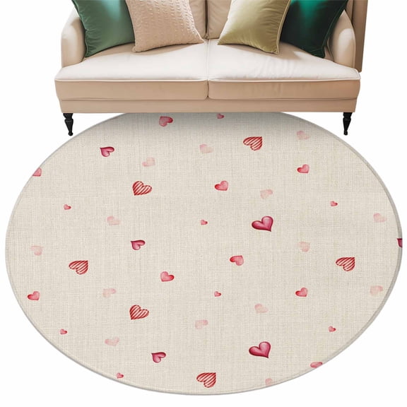 Round Rugs 8 Ft, Valentine's Day Non Slip Area Rugs for Kitchen Bedroom Entryway, Red Love Heart Romantic Beige Burlap Washable Carpet Runner Rug Floor Mats for Bedroom Home Decor